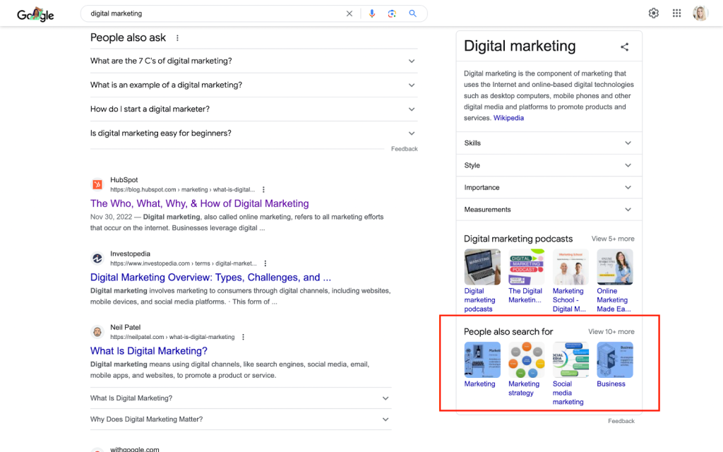 Example of the "people also search for" section on Google
