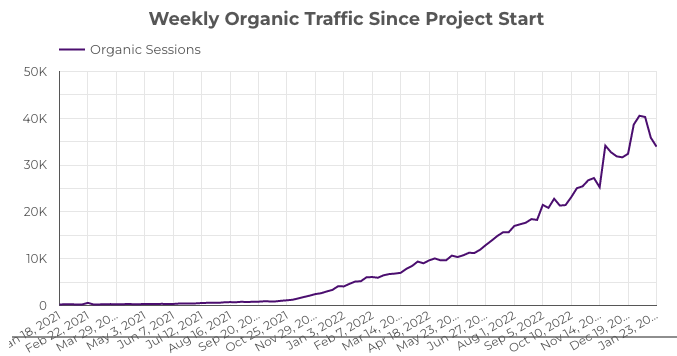 A chart showing the growth in weekly organic traffic for pet e-commerce brand over the course of two years