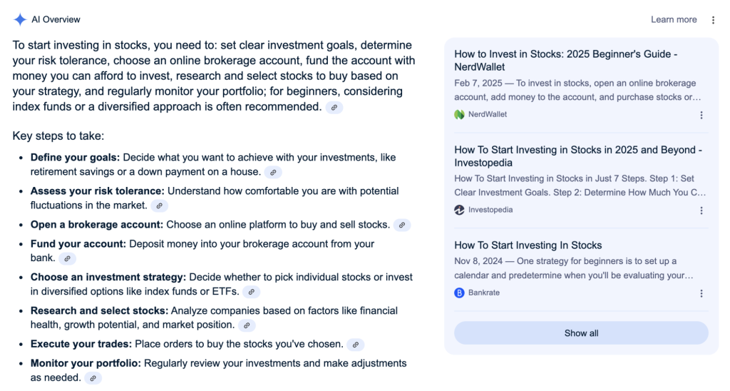Example of what the Google AI Overview feature looks like in search results